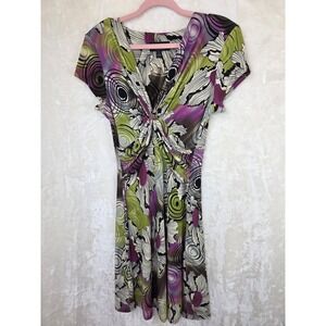 Connected Apparel Women Purple Green Abstract Floral V-Neck Knot Front Dress 10